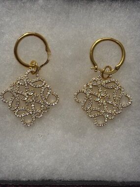 Elegant Loewe Inspired Gold & Diamond Drop Hoop Earrings